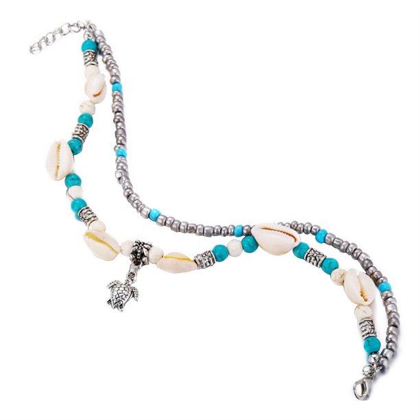 Boho tobillera cadena de tobillo de plata con colgante de tortuga turquesa tobillera de cuentas para las mujeres y las niñas