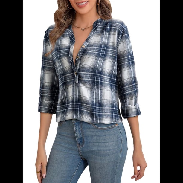 Camisas A Cuadros con Cuello en V para Mujer, Elegantes, Informales, con Botones, Estilo Bohemio, para el Trabajo, de Larga, para Otoño. Azul Marino S