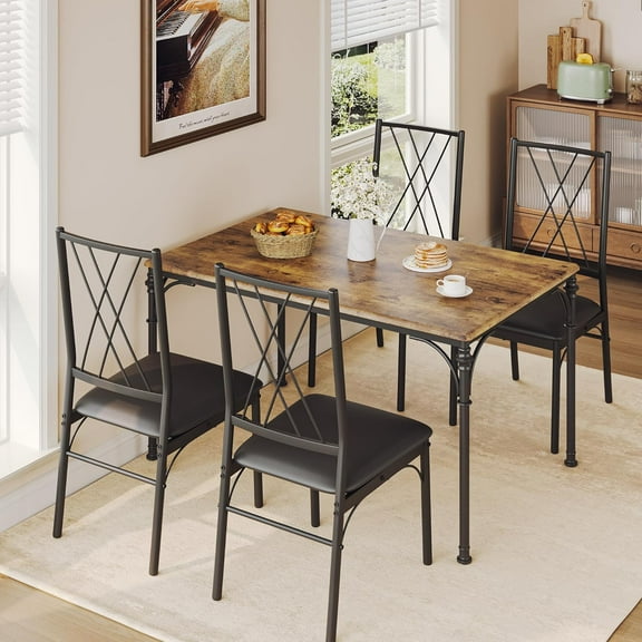 5-Piece Dining Table Set for 4 with Chairs Metal and Wood Indoor Modern Rectangular Dining Table Furniture Set for Kitchen, Dining Room, Dinette, Breakfast Nook w/ 4 Chairs - Drift Brown