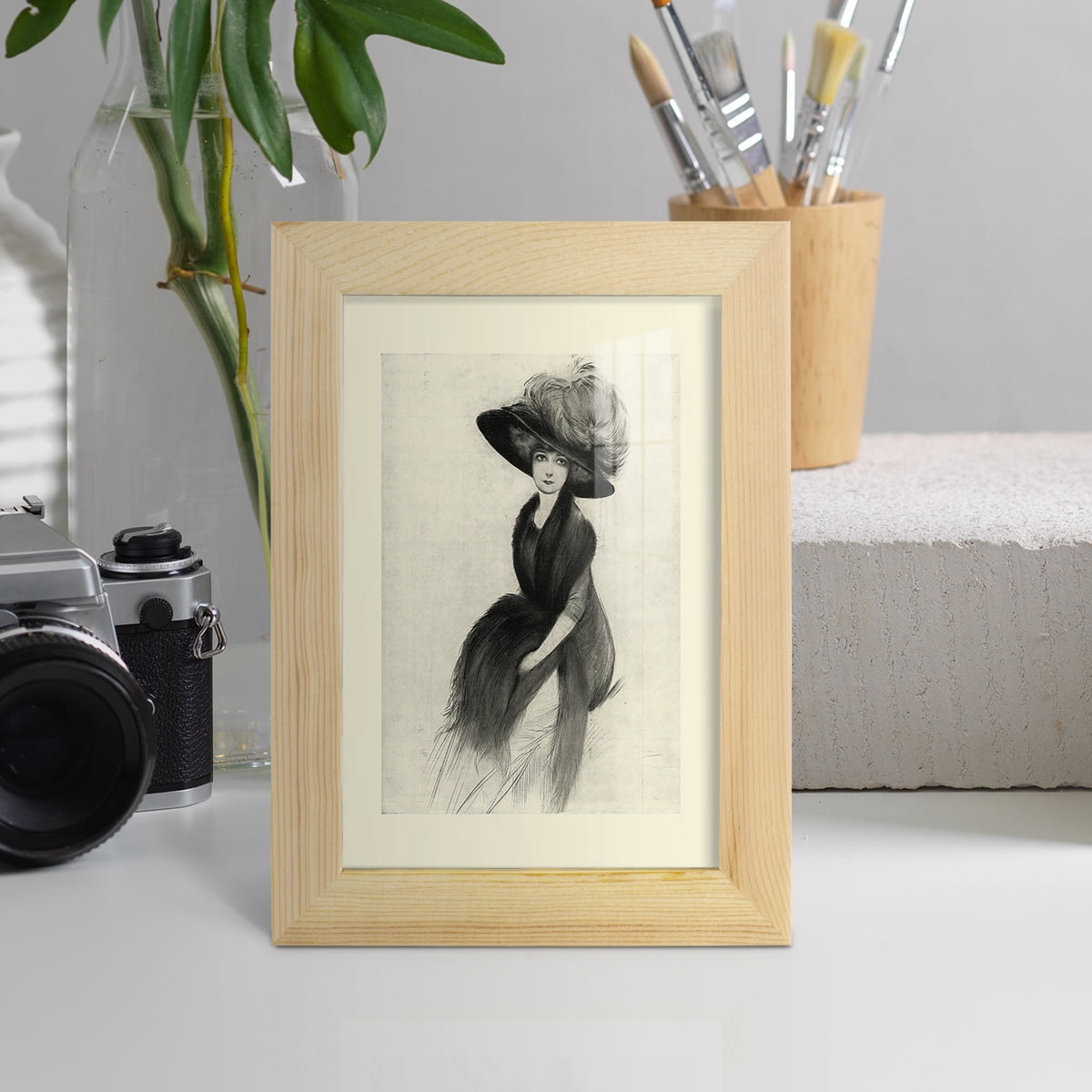 Feather Hat II -Framed Print w/glass-Natural Wood