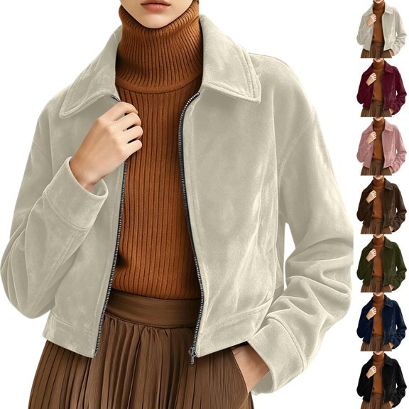 Tqcoqu Women's Solid Suede Cropped Jacket,Lapel Zip Up Vintage Long Sleeve Casual Outerwear With Lining