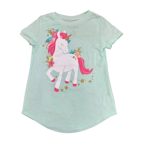 Toddler Girls Mint Green Pink Sparkly Floral Unicorn Short Sleeve Tee T-Shirt 2t