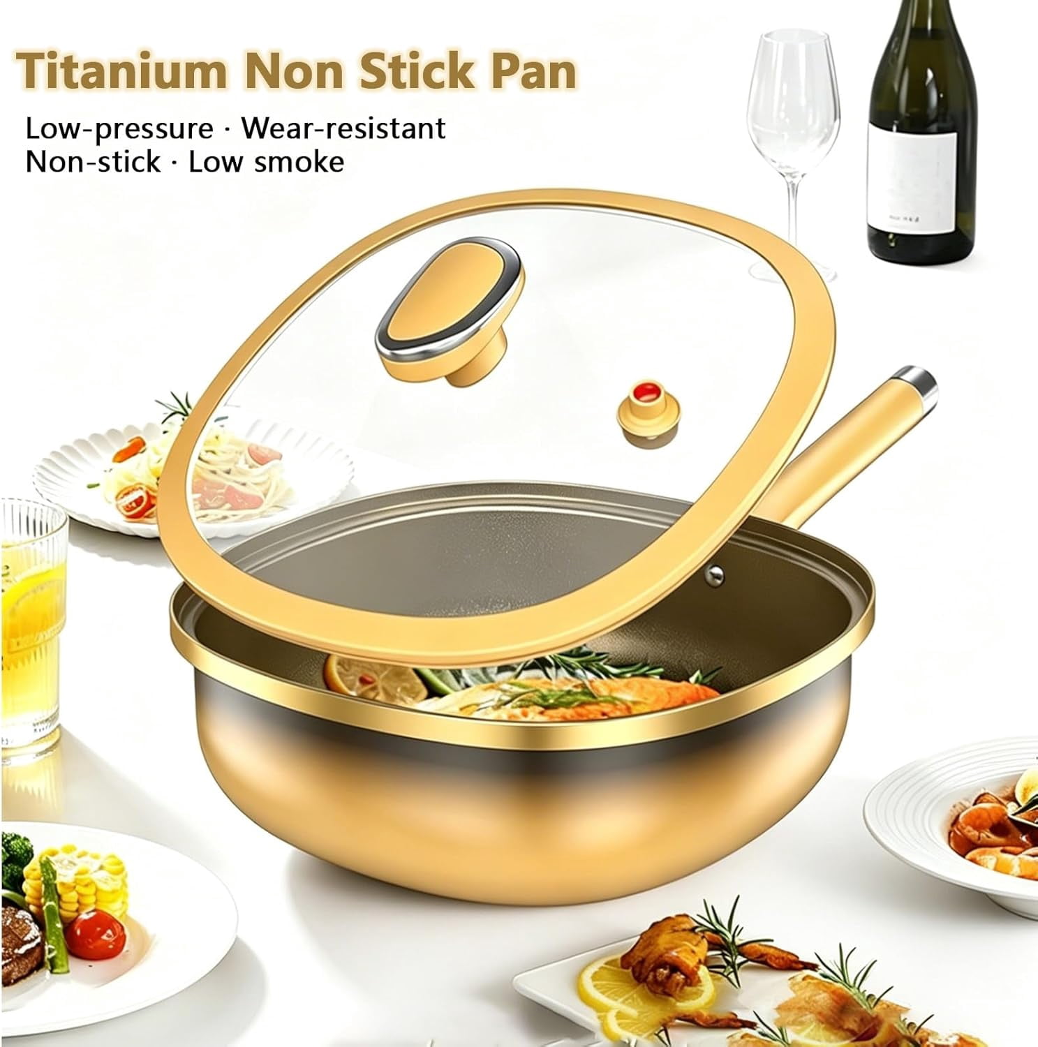 12in Titanium Alloy Non-Stick Pot with Lid, Titanium Pans for Cooking with Steamer, Non Stick Frying Saute Pan with Ergonomic Stay-Cool Handles Cookwarefor Cooking, Frying, Baking(No Steamer)