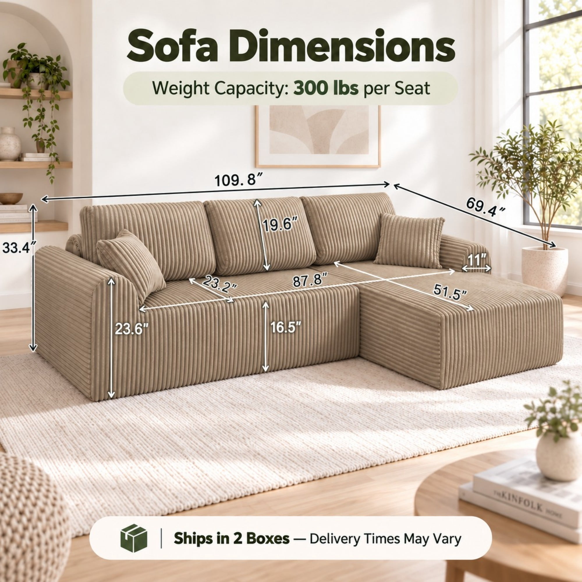 DEALTOPS 109" Corduroy L-Shape Floor Cloud Couch, Deep Seat Modular Sectional Sofa, Right Chaise, Dark Beige