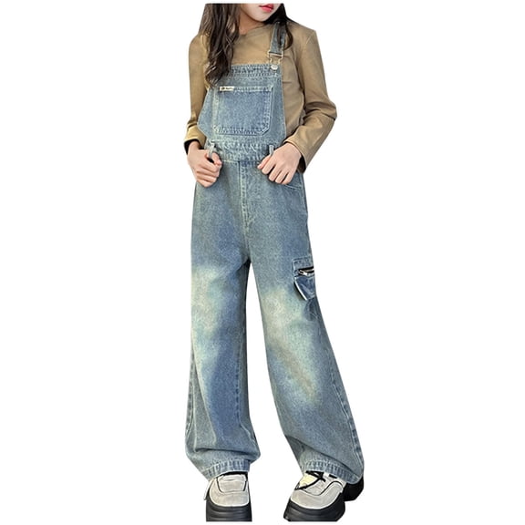 Yammkia Girls' Denim Overalls Girls Overalls Denim Bib Distressed Jumpsuit Kids Blue Baggy Jean Pants with Pockets 5-16 Years,11-12 Years