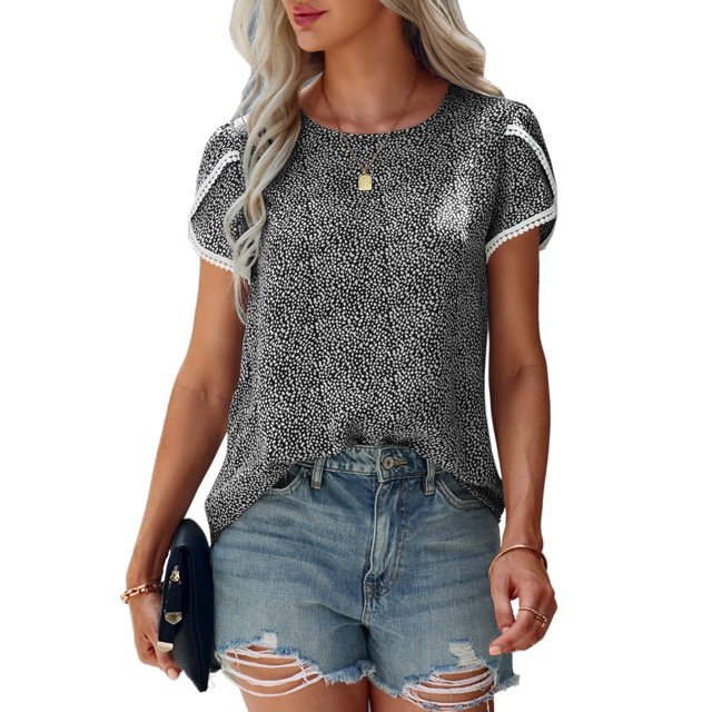 Angashion Hauts pour Femmes Décontracté Imprimé Floral Dentelle crochet Manches Courtes Col Rond Blouse Ample d'Été Tunique Noire G