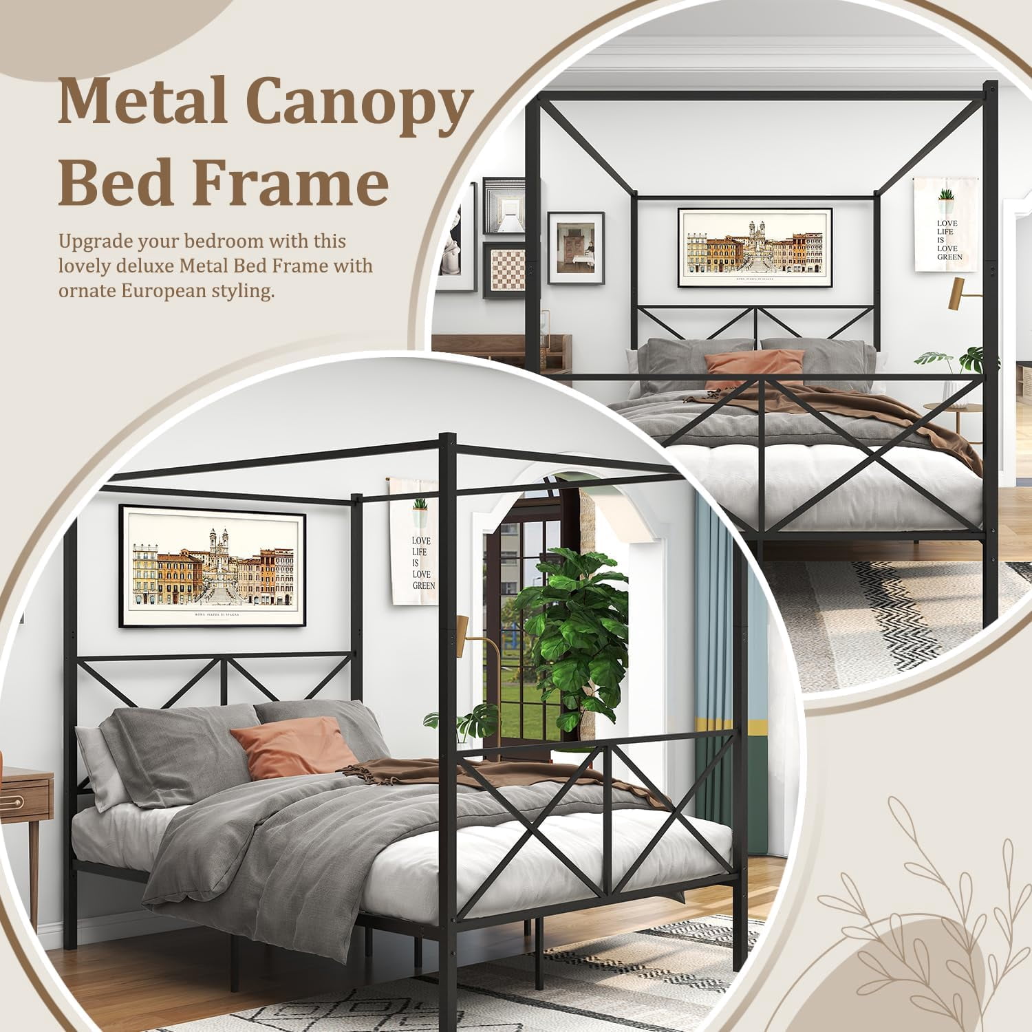 Leumius Queen Metal Canopy Bed Frame,Platform Bed Frame Queen with X Shaped Frame,Black