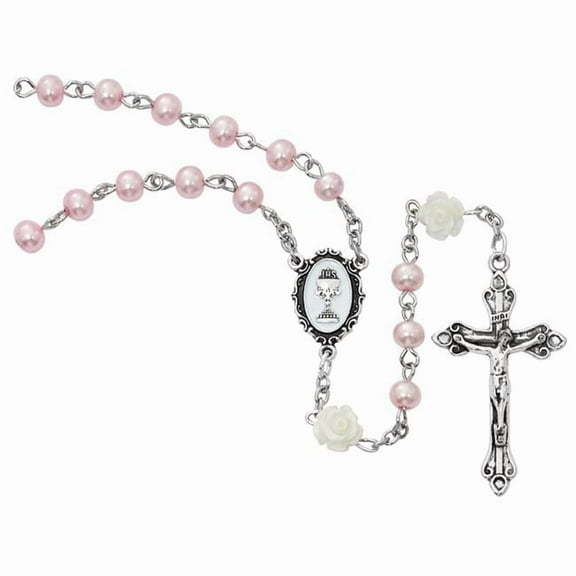 McVan R796W Pink Pearl Glass Communion Rosary Boxed