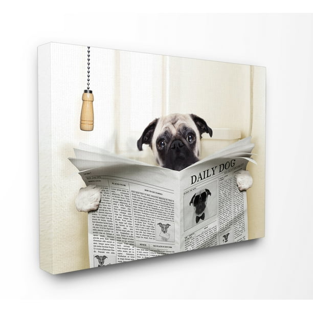 Stupell Pug Reading Newspaper in Bathroom Canvas Art, 24 x 1.5 x 30 ...