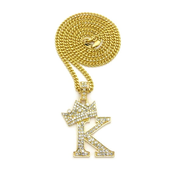 Stone Stud Allover Tilted Crown Initial K Pendant w/ 3mm 24" Cuban Chain Necklace, Gold-Tone