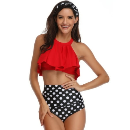 Family Matching Women Girls Ladies Mother Daughter Matching Halter neck Swimwear Beachwear Swimsuit High Waist Ruffle Bikini Summer Spring Fall