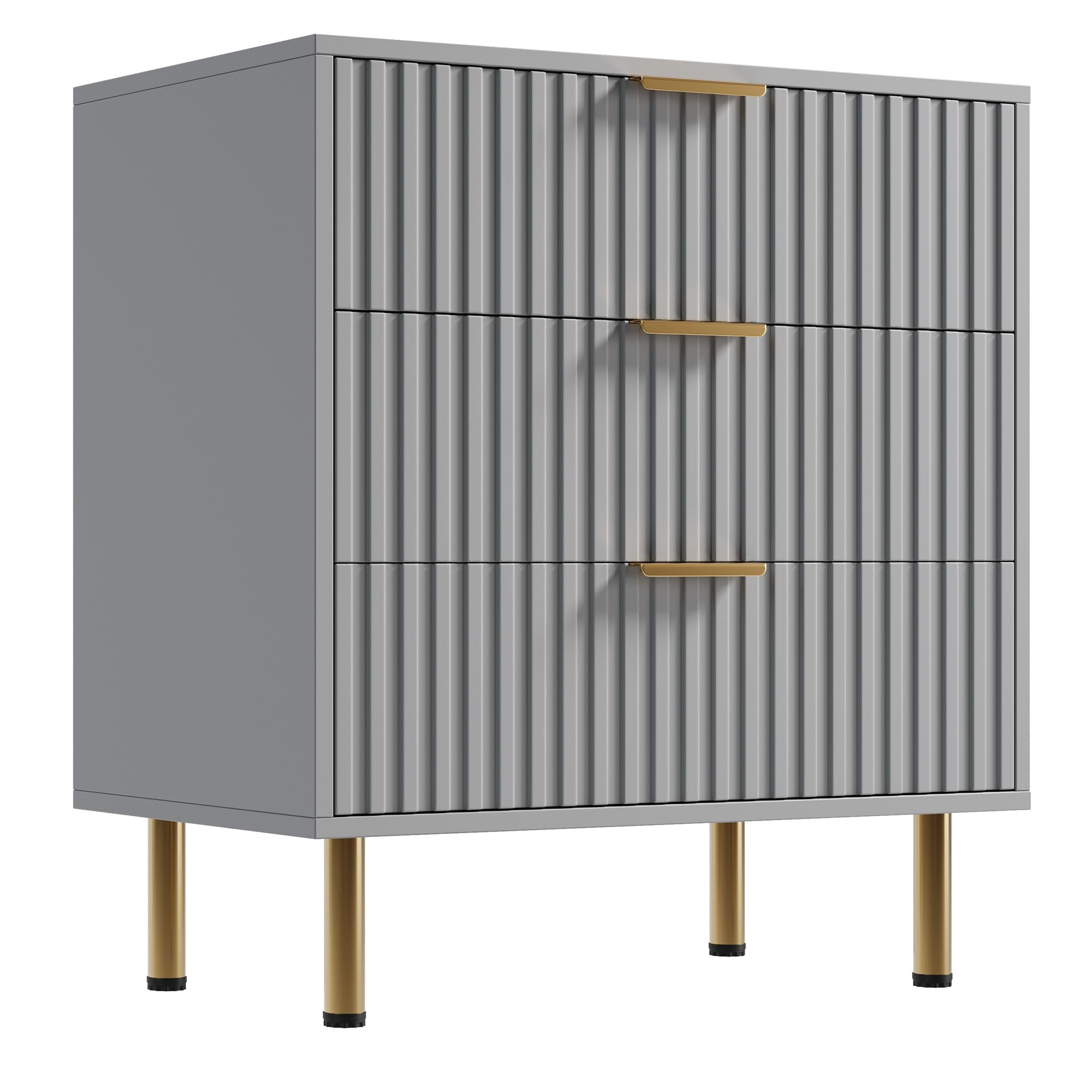 Fluted 3 Drawer Dresser for Bedroom Modern Chest of Drawers with Large Storage Wooden End Table Nightstand for Bedroom Living Rooms Gray