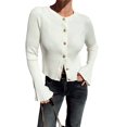 thumbnail image 2 of Women Trendy Crew Neck Ribbed Knit Crop Bell Long Sleeve Open Front Button Down Sweater Shirt Fall Outfit White S, 2 of 7