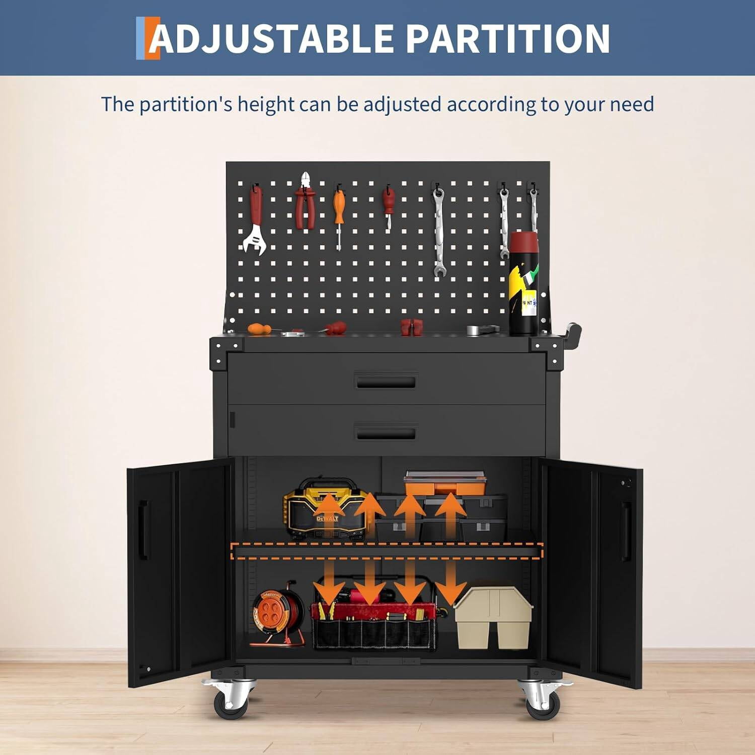 Garvee Rolling Tool Box with Drawers, Toolbox Organization W/Pegboard & Adjustable Shelf for Office, Home, Garage, Black