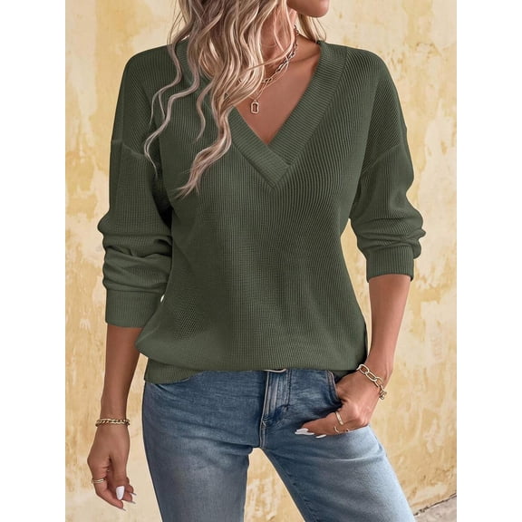 Women's Olive Green Ribbed Knit V-Neck Sweater Drop Shoulder Loose Fit Long Sleeve Pullover for Fall Winter Layering with Jeans Daily Outfits