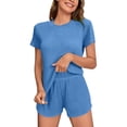 thumbnail image 2 of ylioge Pajama Sets for Women 2 Piece Sleepwear Outfits Womens Casual Solid Color Short Sleeve Tops and Shorts Comfortable Loungewear Pajamas Set, 2 of 8