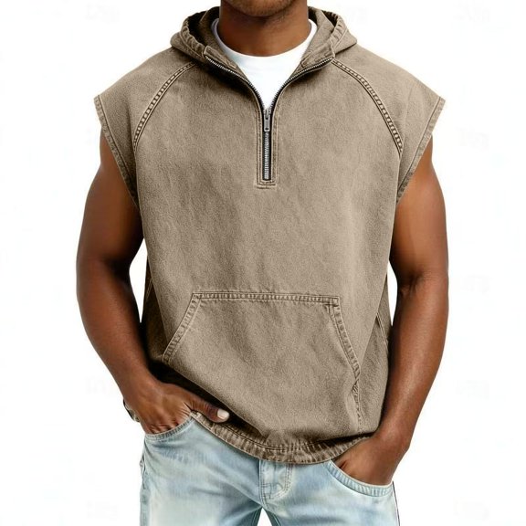hotojiny Men's Sleeveless Jean Hoodie Stylish Quarter Zip Denim Vest Oversized Muscle Tank Top Gym Workout Hooded T Shirt Streetwear