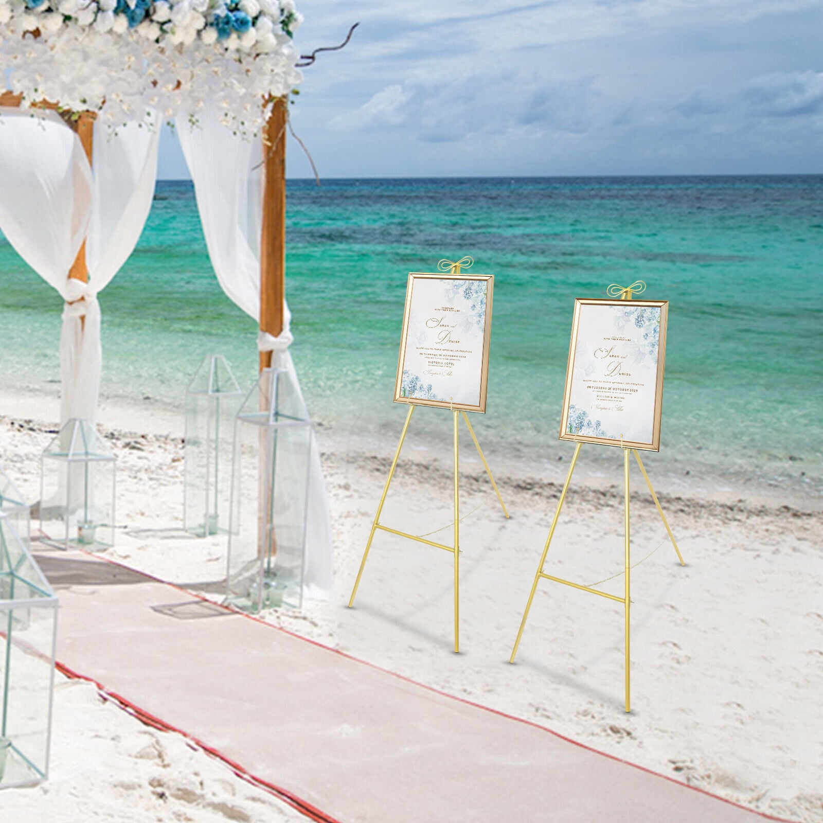 2-Piece Gold Easel Stand, Triangular Display Stand for Wedding, Floor Standing Easel
