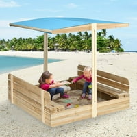 KingSo Kids Sandbox with Wooden Cover & Canopy & 2 Bench Seats