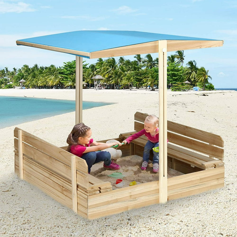 KINGSO Kids Sandbox with Cover Wooden Outdoor Sandbox with Canopy, with 2 Bench Seats, Sandbox