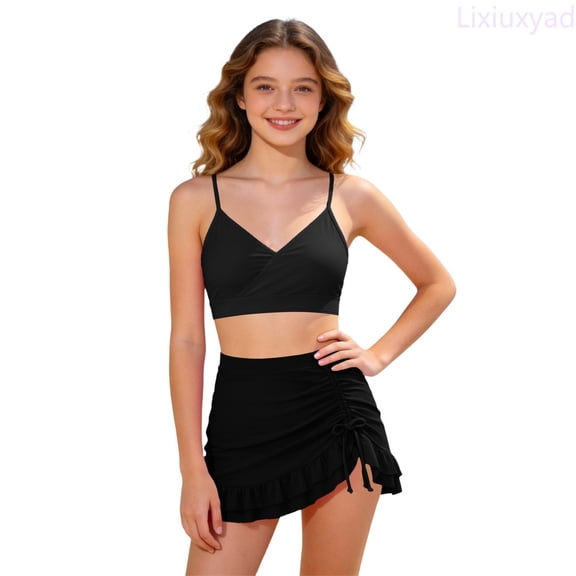 Lixiuxyad Cute Adjustable Strap Bikini With Removable Pads And Swim Skirt For Girls Two Piece Swimwear,2 Piece Bikini Swimsuit Sizes 11-12 Years Black