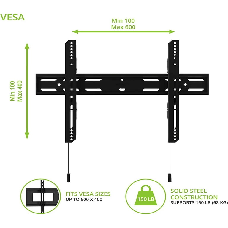 Fixed TV Mount for TVs, Up to 150 lb, VESA 100x100 to 600x400, Extra  Wide Wall Plate, Post-Installation Leveling, Lockable Arms, Quick  Release Cords