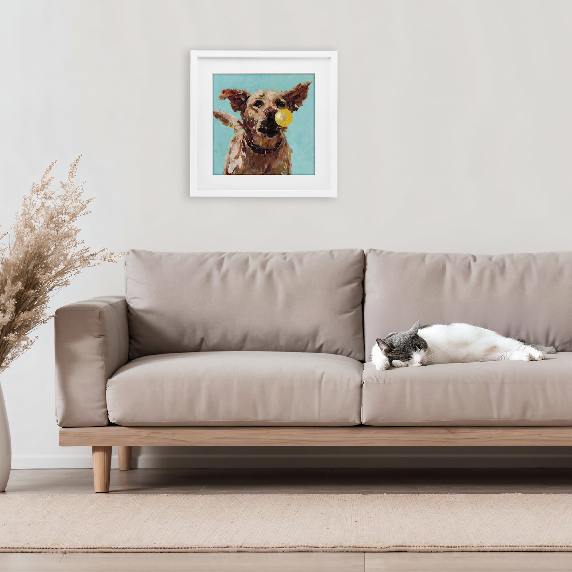Dog Playing with Ball White Framed Print Under Glass, design by Studio Bautista