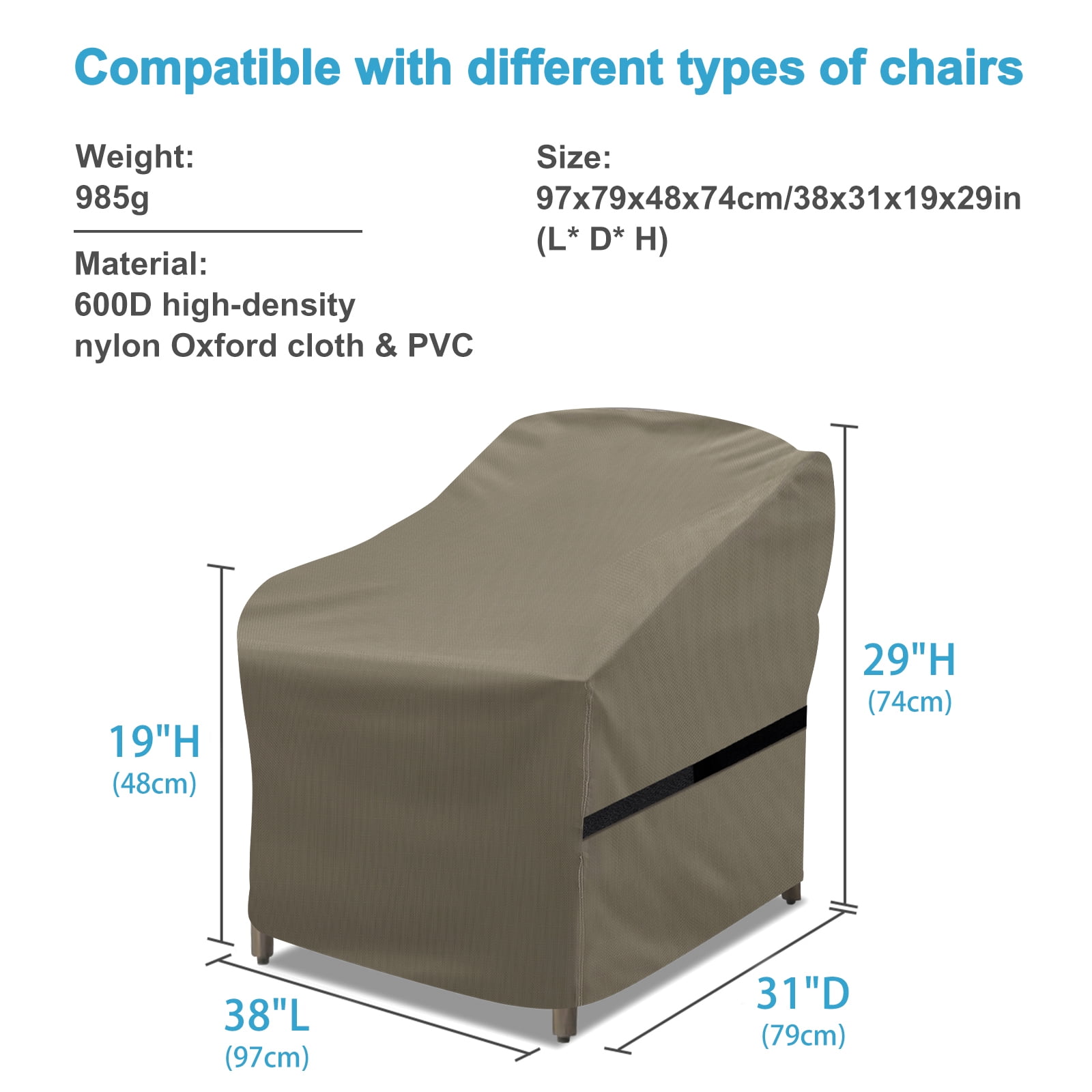 Patio Chair Covers 2 Pack, 600D Heavy Duty Waterproof Outdoor Chair Cover Patio Furniture Covers, Lounge Deep Outdoor Seat Covers, Brown