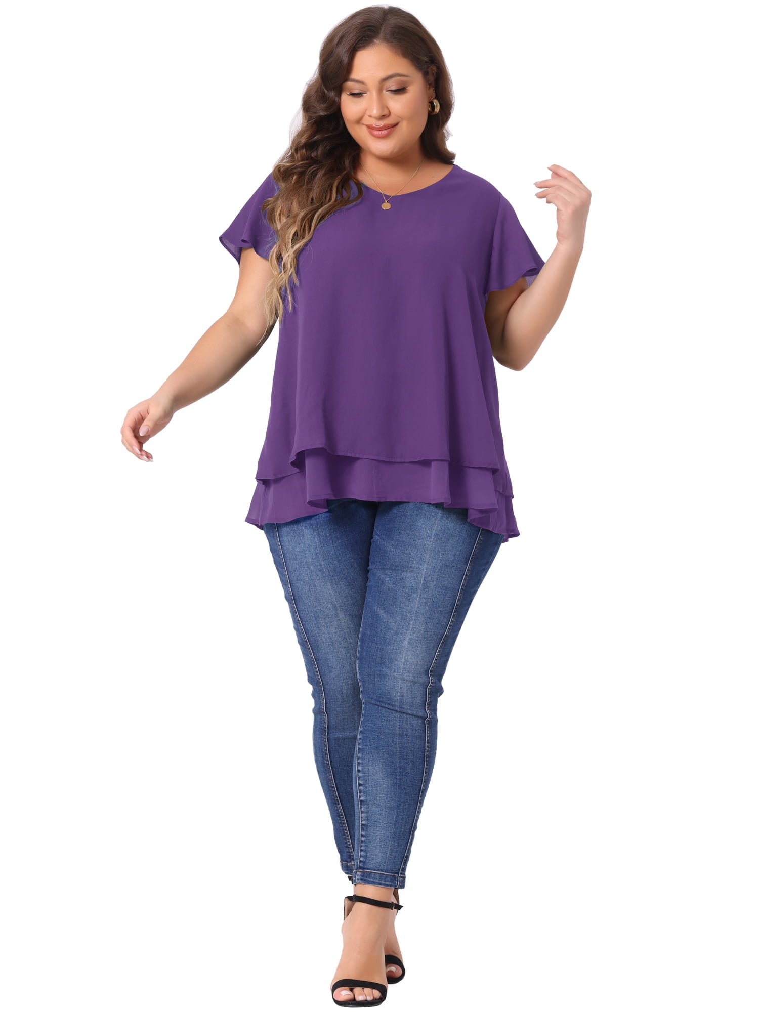 Unique Bargains Women's Plus Size Ruffle Short Sleeve V Neck Chiffon Blouse 2X Purple