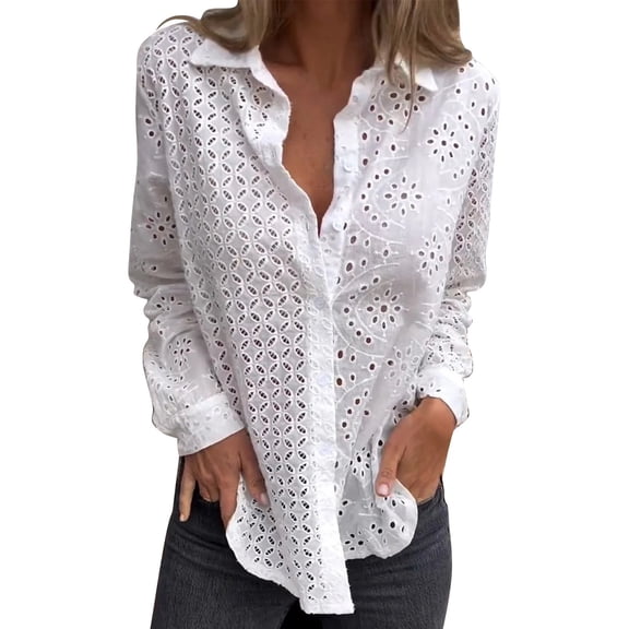yunLCZ Classic-Fit Long-Sleeve Dress Lace Embroidery Long Sleeve Blouse Women's Hollow Lace Embroidered Long Sleeve Button Up Fashion Shirt