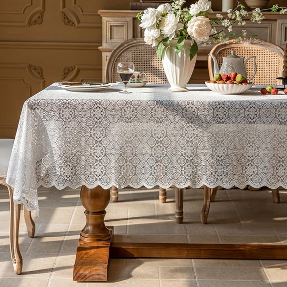 White Lace Table Cloth for Rectangle Tables Floral Embroidery Scalloped Tablecloth for Wedding Party Bridal Shower Decorations Vintage Rustic Table Cover(White 140*200cm)