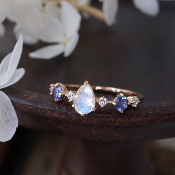 Adjustable Water Drop Ring With Moonstone And Tanzanite Accent Geometric Copper Opening Jewelry Fashion Copper
