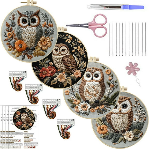 NEONWE 4 Set Embroidery Kit for Adult Beginner, Owl Flower Cute Wild Animals Green Leaf Patterns Kits Funny Nature Arts & Crafts Set, with Hoop, Colored Threads, Needles, and Instructions