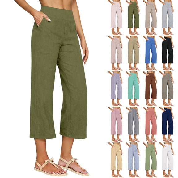 Horkkom Linen Pants Women Summer High Waisted Capris Pants Business Casual Dress Pants with Pockets L
