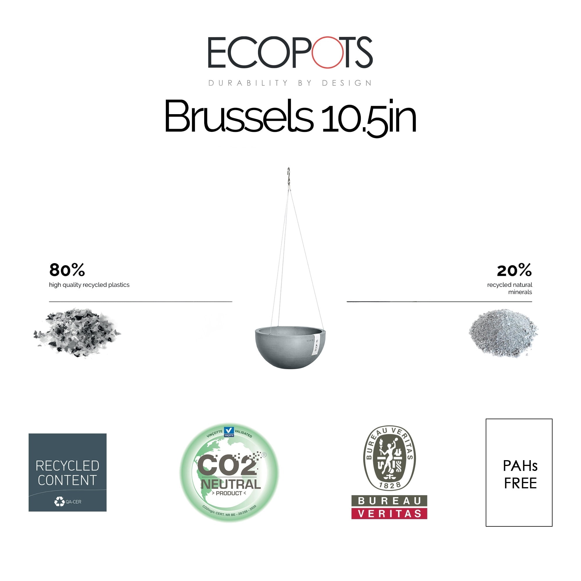 Ecopots Hanging Brussels Durable Modern Round Indoor/Outdoor Recycled Based Composite Flower Pot Planter, Slate Grey, 10.5"