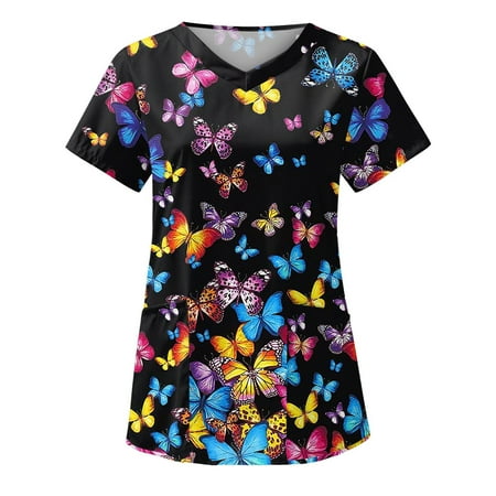 

SKSloeg Women Flower Butterfly Printed Scrub Tops with Pockets Short Sleeve V-Neck Plus Size Shirts Nursing Working Uniform