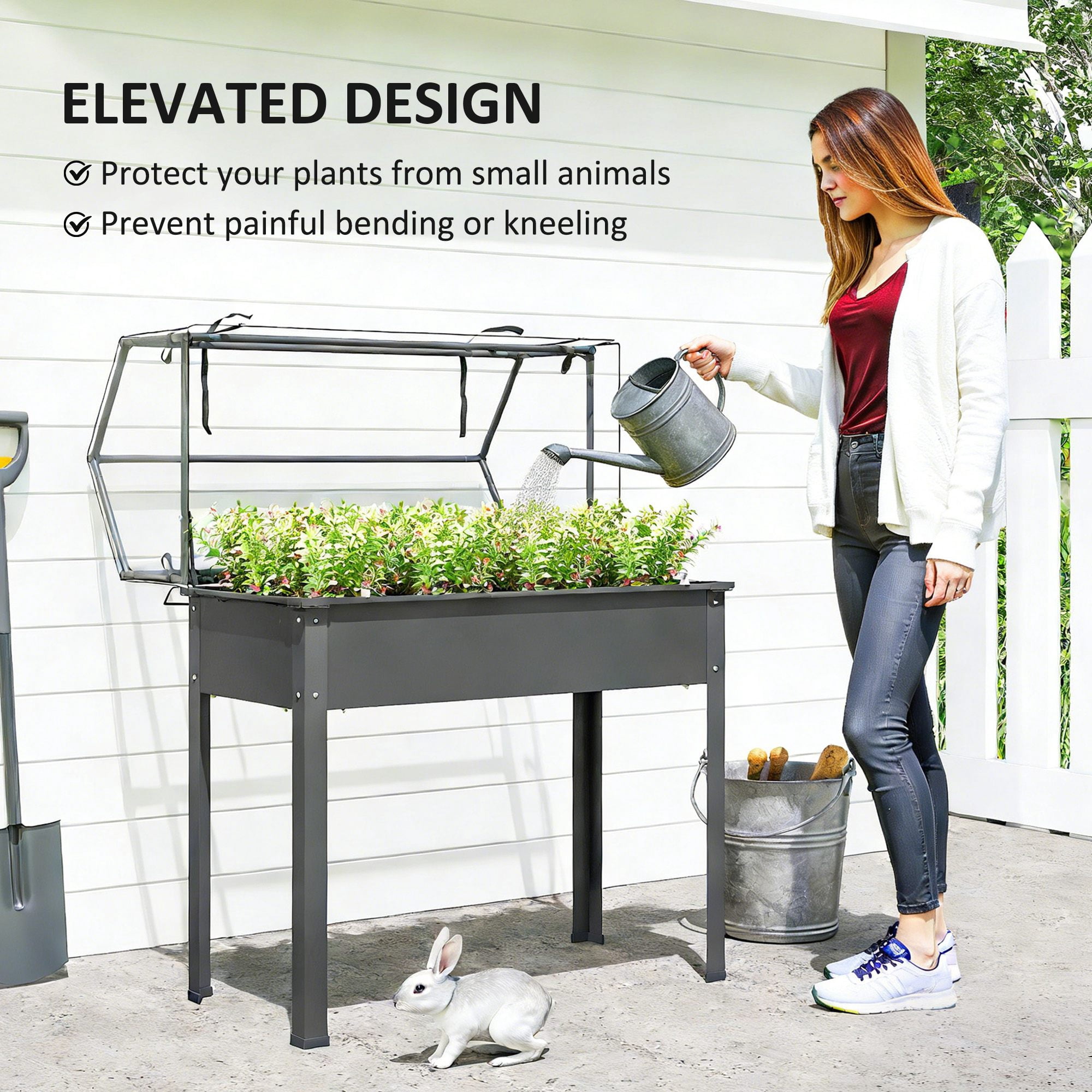 Outsunny Raised Garden Bed with Greenhouse Cover, Elevated Garden Box with Legs and Drainage Hole for Vegetables, Dark Gray