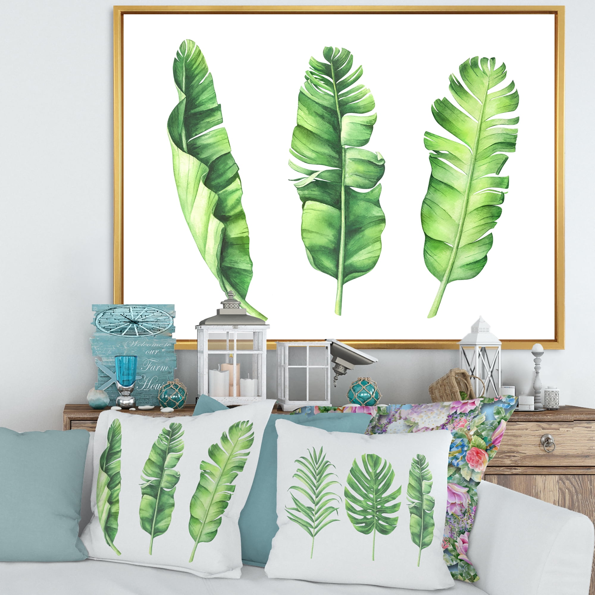 Designart 'Tropical Banana Leaves Set On White' Farmhouse Framed Canvas Wall Art Print