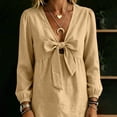 thumbnail image 5 of Womens Bow Tie Cotton Linen Babydoll Tops Lightweight Casual Trendy Fall Long Sleeve French Style Blouse Khaki 2XL, 5 of 6