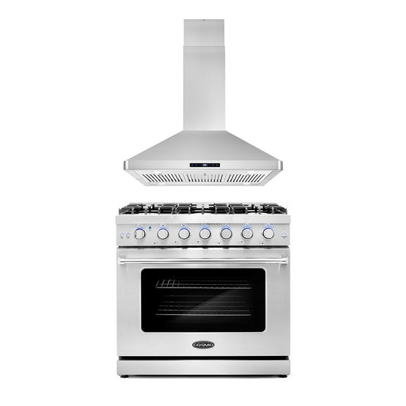 Cosmo 2 Piece Kitchen Appliance Package with 36" Freestanding Gas Range Kitchen Stove & 36" Island Range Hood Kitchen Hood Kitchen Appliance Bundles