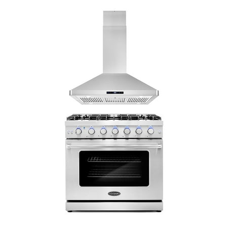 Cosmo 2 Piece Kitchen Appliance Package with 36  Freestanding Gas Range Kitchen Stove &amp; 36  Island Range Hood Kitchen Hood Kitchen Appliance Bundles
