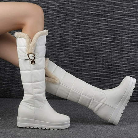 

Juebong Christmas Deals Women Boots Belt Buckle Thick Fleece Slip-On Platform Mid-Heels Solid Color Winter Warm Knee High Snow Boots