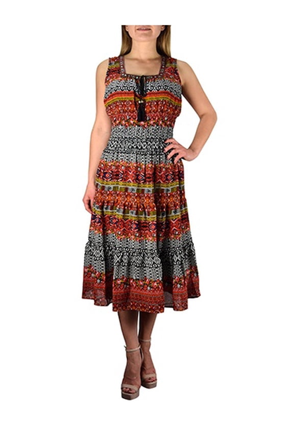 Floral Print Gypsy Cinched Waist Midi Dress (Orange & Black, Large)