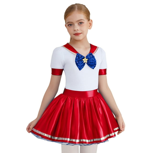 Moggemol Enfants Filles Marin JK Uniforme Brillant Manches Courtes Col à Revers Ligne A Robe Tutu de Ballet Rouge 12