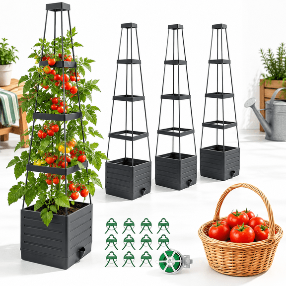 4 Pack Raised Garden Bed Planter Boxes with Trellis for Climbing Vine Vegetables