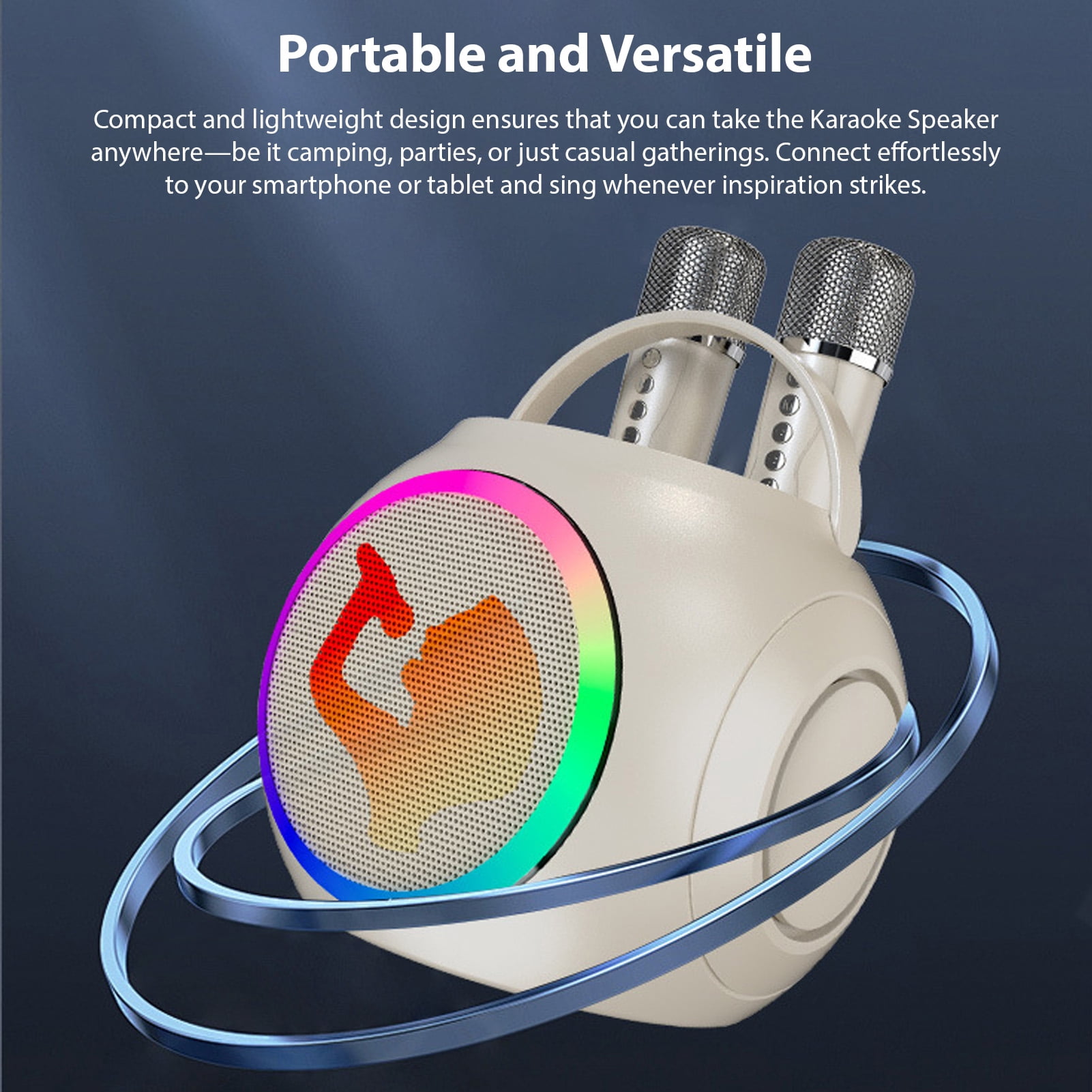 Rupoun Portable Bluetooth Karaoke Machine with 2 Wireless Microphones Built-in Rechargeable Battery RGB Light Effects Stand Alone Home Party Sound System White