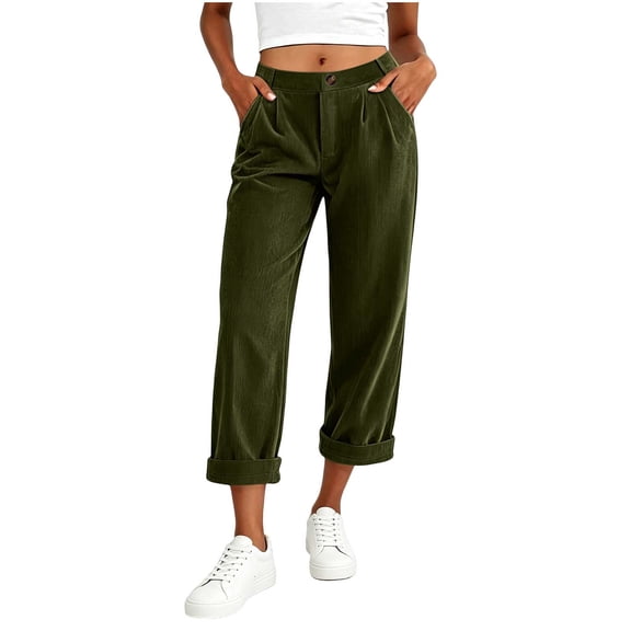 ClodeEU Women's Elastic High Waist Corduroy Sweatpants with Pockets ,Casual Athletic Capri Pants Army Green,Women's Plus L
