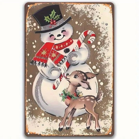 12X8inch Vintage Snowman & Reindeer Metal Wall Decor - Heavy-Duty Iron Holiday Sign with Top Hat, Candy Cane, No Electricity Needed - Christmas Decoration for Home, Cafe, Garden, Bar - Indoor/Outdoo
