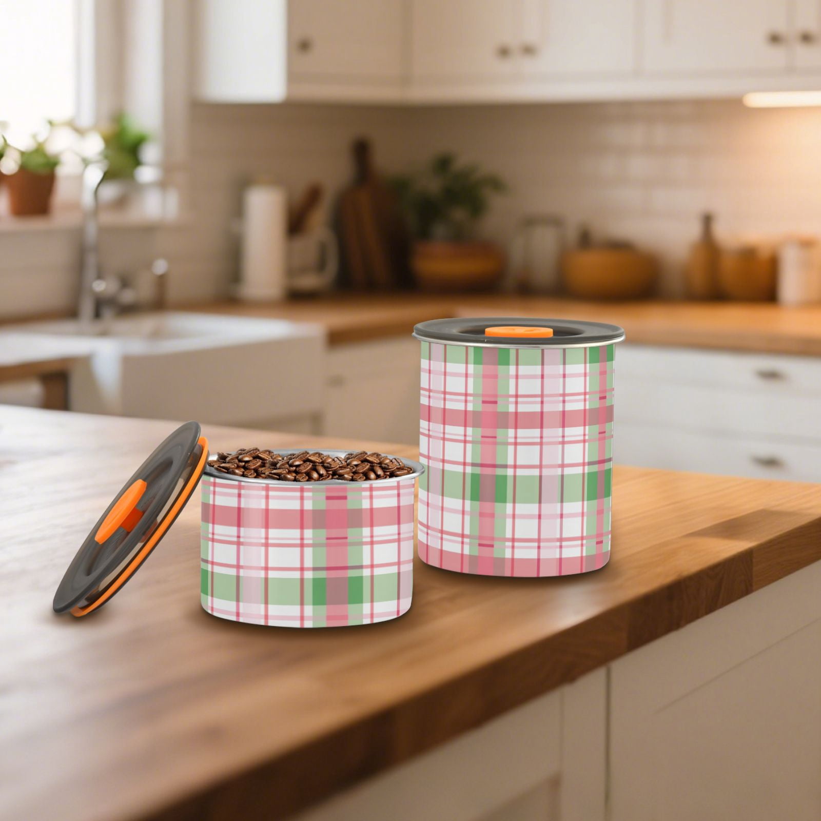 Pink Checkered Grid Airtight Coffee Bean Canister 30oz Food Storage Containers with Lids For Gournd, Tea, Sugar, Flour, Rice, Cereal, Candy Cookie Jar