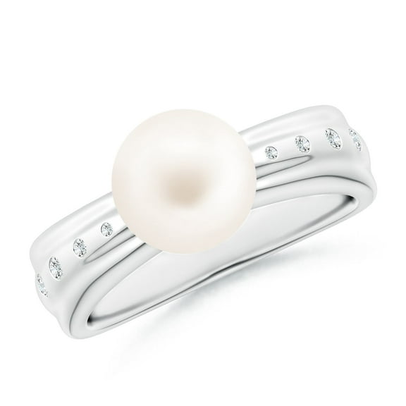 ANGARA Freshwater Cultured Pearl Ring with Flush-Set Diamonds in 14K White Gold for Women | June Birthstone, Birthday, Anniversary, Jewelry Gift for Women | Pearl Ring